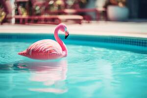 rosado flamenco piscina flotador flotante en un refrescante azul nadando piscina en tropical complejo. generativo ai ilustración foto