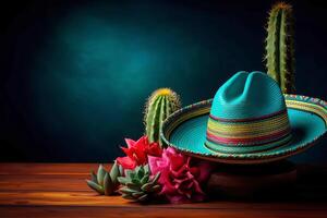 cinco Delaware mayonesa fiesta antecedentes. mexicano fiesta sombrero sombrero y flores en un de madera antecedentes. generativo ai ilustración foto