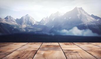 Empty wooden tabletop with mountains background for advertising and presentation. Selective focus on tabletop. illustration photo