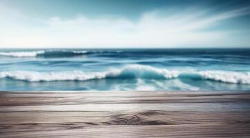 Empty wooden tabletop with seascape backdrop for advertising and presentation. Selective focus on tabletop. illustration photo