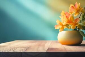 Empty wooden tabletop with colorful flowers background for advertising and presentation. Selective focus on tabletop. illustration photo