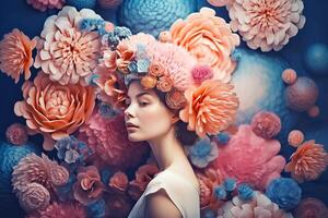 Beautiful woman in flowers. Mental health, women's day or mother's day concept. illustration photo