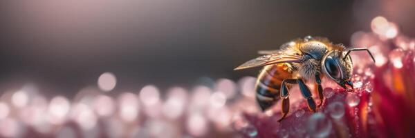 Banner with bee on red flower collects pollen. illustration photo