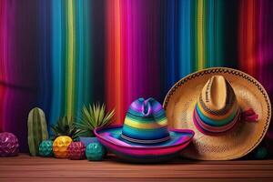 Cinco de Mayo holiday background. Mexican cactus and party sombrero hat on rainbow striped background. illustration photo