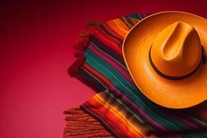 cinco Delaware mayonesa fiesta antecedentes. mexicano sombrero sombrero y poncho en magenta antecedentes. generativo ai ilustración foto