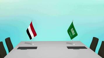 saoudien Saoudite et Yémen avoir une diplomatique accord sur une accord. symbolisant le relation entre le saoudien et Yémen drapeaux' mouvement vidéo video