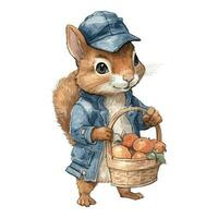 Watercolor Cute Squirrel With Blue Cap and Jacket Hold Fruit Basket vector