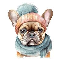 Watercolor French Bulldog Puppy With Cotton Hat, and Scarf vector