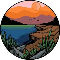 Vector illustration of a riverside sunset view