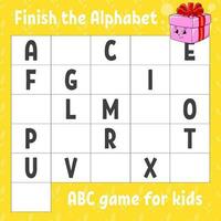 Finish the alphabet. ABC game for kids. Education developing worksheet. Learning game for kids. Christmas theme. Color activity page. vector