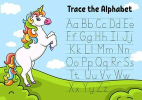 Writing letters. Tracing page with unicorn. Practice sheet. Worksheet for kids. Learn alphabet. Cute character. Color vector illustration. Cartoon style.