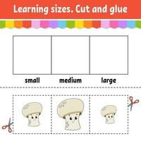 Learning sizes. Cut and glue. Easy level. Color activity worksheet. Game for children. Cartoon character. Vector illustration.