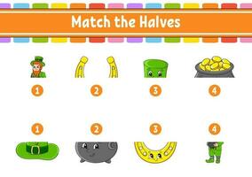 Match the halves. Education developing worksheet. Matching game for kids. Color activity page. Riddle for children. Cute character. Vector illustration.