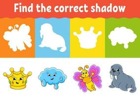 Find the correct shadow. Education worksheet. Matching game for kids. Color activity page. Puzzle for children. cartoon character. Vector illustration.