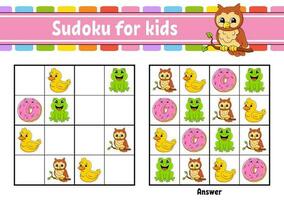 Sudoku for kids. Education developing worksheet. cartoon character. Color activity page. Puzzle game for children. Logical thinking training. Vector illustration.