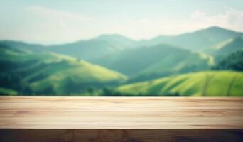 Empty wooden tabletop with green hills background for advertising and presentation. Selective focus on tabletop. illustration photo