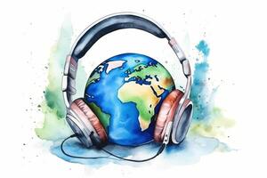 World music day concept. Stereo headphone and a globe on a white background. illustration photo