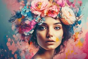 Beautiful woman in flowers. Mental health, women's day or mother's day concept. illustration photo