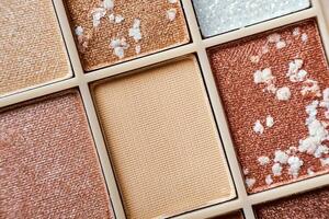 Eyeshadow colorful shades palette in beige tones close-up. Beauty abstract background photo