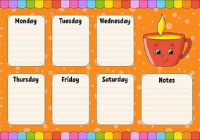 School schedule. Timetable for schoolboys. Empty template. Weekly planer with notes. Isolated color vector illustration. cartoon character.