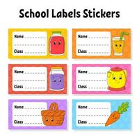 Name and class. Back to school labels. Set stickers for notebook. Bright stickers. Rectangular label. Color vector isolated illustration.