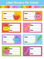 Name and class. Back to school labels. Set stickers for notebook. Bright stickers. Rectangular label. Vector illustration.