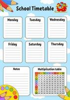 School timetable. For the education of children. Isolated on color background. With a cute cartoon character. Vector illustration.