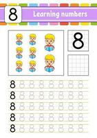 Trace and write numbers. Handwriting practice. Learning numbers for kids. Education developing worksheet. Activity page. Vector illustration.