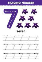 Education game for children tracing number seven with cute cartoon bat picture printable animal worksheet vector