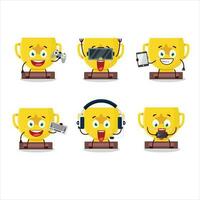 Gold trophy cartoon character are playing games with various cute emoticons vector