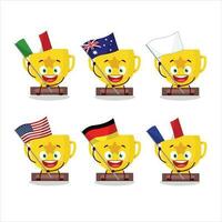 oro trofeo dibujos animados personaje traer el banderas de varios países vector
