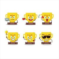 Gold trophy cartoon character with various types of business emoticons vector