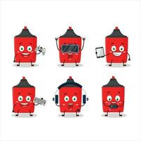 Red highlighter cartoon character are playing games with various cute emoticons vector