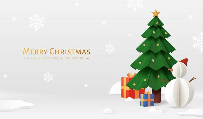 Grey Xmas banner in paper cut style. Illustration of decorated Christmas tree with snowman, gift boxes, and fallen snow on grey background