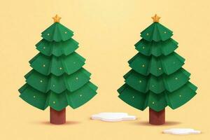 Paper art style illustration of two Christmas trees with golden starts on top over yellow background vector