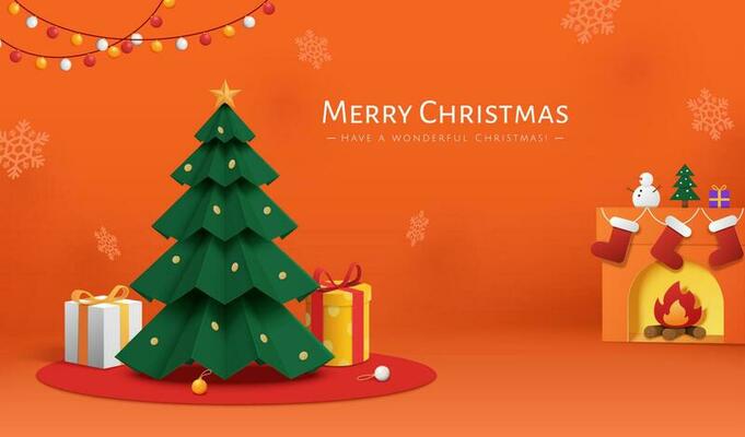 Orange Xmas card in paper cut style. Illustration of Christmas tree with gifts, fallen snowflakes, and fireplace on orange background