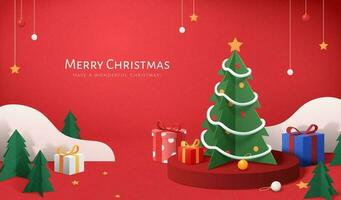 Red Xmas banner in paper cut style. Illustration of Christmas tree, gifts and small pine trees around round podium on red background vector