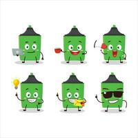 nuevo verde resaltador dibujos animados personaje con varios tipos de negocio emoticones vector