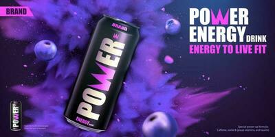 3d power drink banner ad with explosion effect and blueberries flying on the dark purple background vector