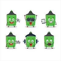 New green highlighter cartoon character are playing games with various cute emoticons vector