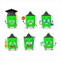 School student of new green highlighter cartoon character with various expressions vector