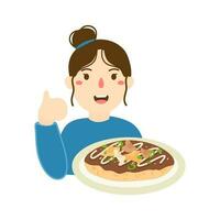 mujer de venta okonomiyaki japonés comida vector