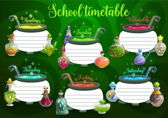 Kid school timetable with cauldron, magic potion