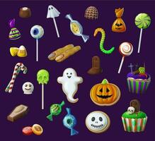 Halloween sweet lollypops, candies and cupcakes vector