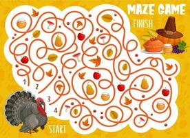 Thanksgiving labyrinth maze game, turkey bird vector