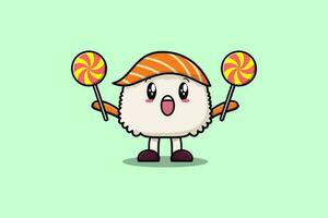 linda dibujos animados Sushi personaje sostener pirulí caramelo vector