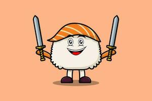 Cute cartoon Sushi character holding two sword vector