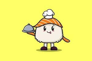 dibujos animados cocinero Sushi mascota servicio comida en bandeja vector