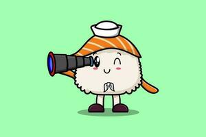 linda dibujos animados Sushi marinero con sombrero utilizando binocular vector