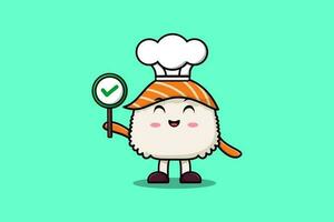 Cute cartoon Sushi chef holding correct sign board vector